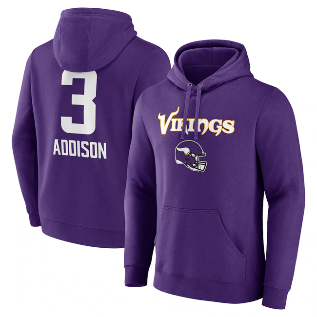 Men's Minnesota Vikings #3 Jordan Addison Purple Team Wordmark Player Name & Number Pullover Hoodie